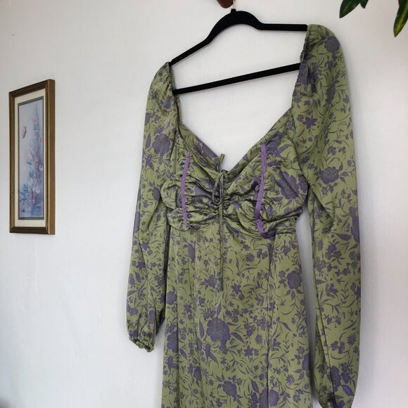 Urban Outfitters Kitty Printed Puff Sleeved Lilac Green Midi Dress - Picture 6 of 9